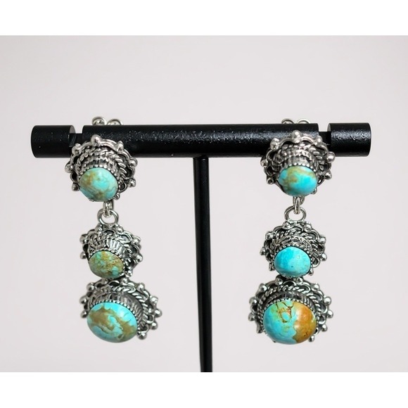 Navajo Native American Evelyn Platero Sterling Silver Kingman Turquoise Earrings - Picture 1 of 12